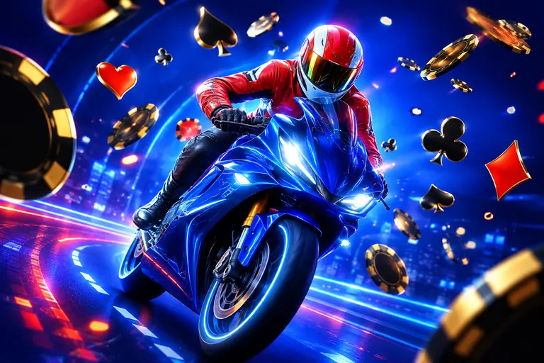 Motociclista su una moto blu con gettoni, illustrazione rigenerata per la guida mobile.