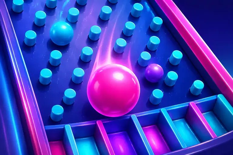 Pallina rosa e pioli azzurri su fondo blu: illustrazione rigenerata ispirata a Plinko2.